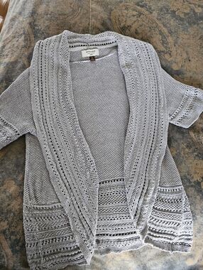 Open Front Open Knit 100% Cotton Cardi Short Sleeve Sz. Petite Small Gray